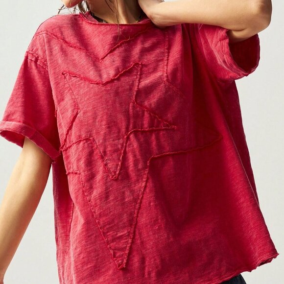 Red Casual Women's Star Pattern Round Neck Short Sleeve Loose Washing T-Shirt - Picture 4 of 7